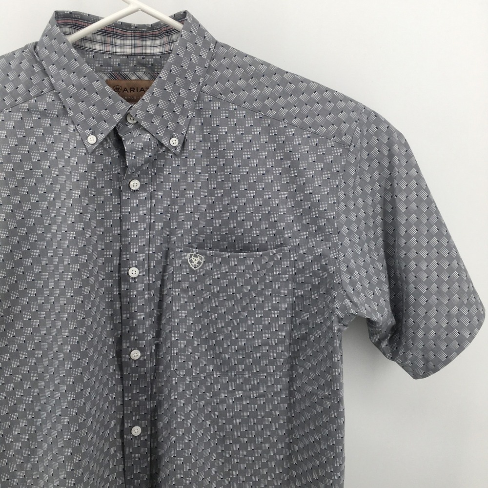 Ariat Obert Button Down Shirt Mens Med Grey Geometric Short Sleeve Wrinkle Free